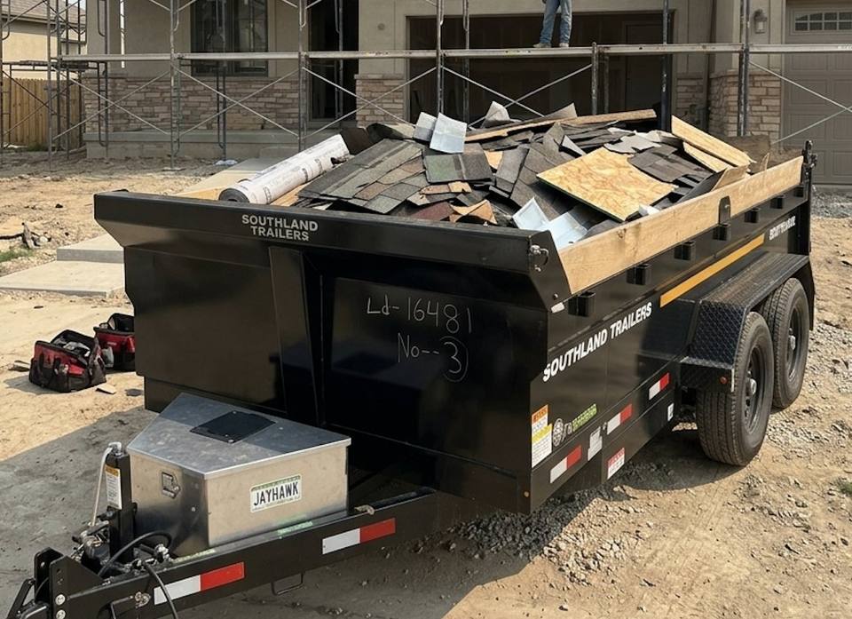 Trailer loaded with roofing tear-off debris at a job site