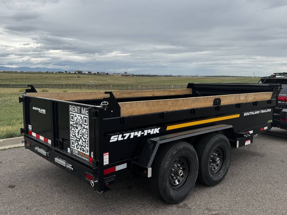 Rear three-quarter view with double barn doors, RENT ME QR code and SL714-14K badging