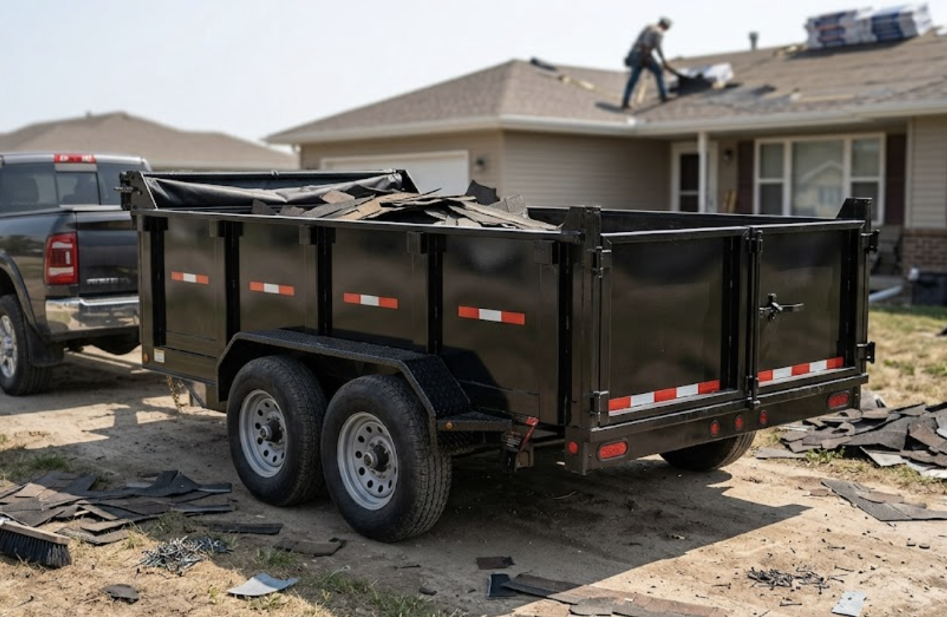 Dump trailer loaded with shingle tear-off debris at a roofing job site